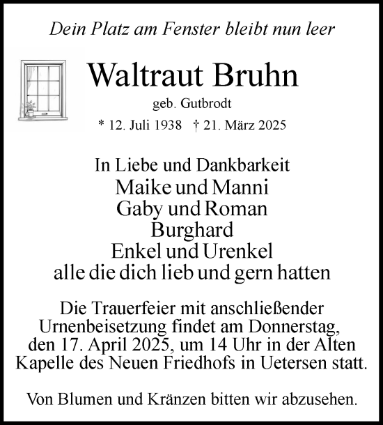 Traueranzeige von Waltraut Bruhn von Uetersener Nachrichten, Der tip am Wochenende