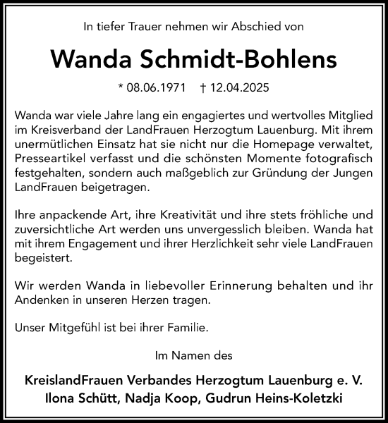 Traueranzeige von Wanda Schmidt-Bohlens von Wochenend Anzeiger