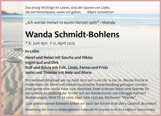 Traueranzeige von Wanda Schmidt-Bohlens von Wochenend Anzeiger