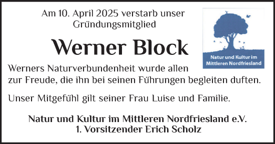 Traueranzeige von Werner Block von Husumer Nachrichten, Nordfriesland Tageblatt