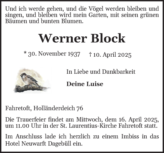 Traueranzeige von Werner Block von Husumer Nachrichten, Nordfriesland Tageblatt