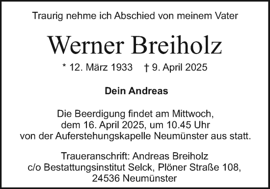 Traueranzeige von Werner Breiholz von Holsteinischer Courier