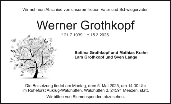 Traueranzeige von Werner Grothkopf von Holsteinischer Courier