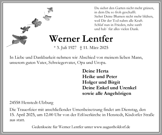 Traueranzeige von Werner Lentfer von Umschau