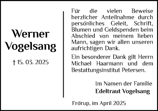 Traueranzeige von Werner Vogelsang von Flensburger Tageblatt