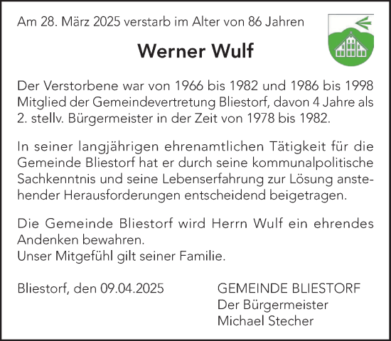 Traueranzeige von Werner Wulf von MARKT Ratzeburg/Mölln