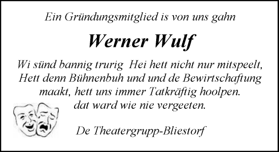 Traueranzeige von Werner Wulf von MARKT Ratzeburg/Mölln