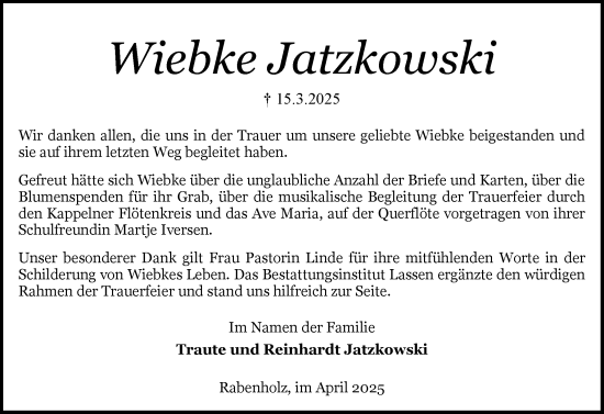 Traueranzeige von Wiebke Jatzkowski von Flensburger Tageblatt, Schleswiger Nachrichten, Schlei-Bote