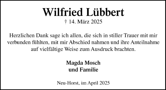 Traueranzeige von Wilfried Lübbert von MARKT Ratzeburg/Mölln