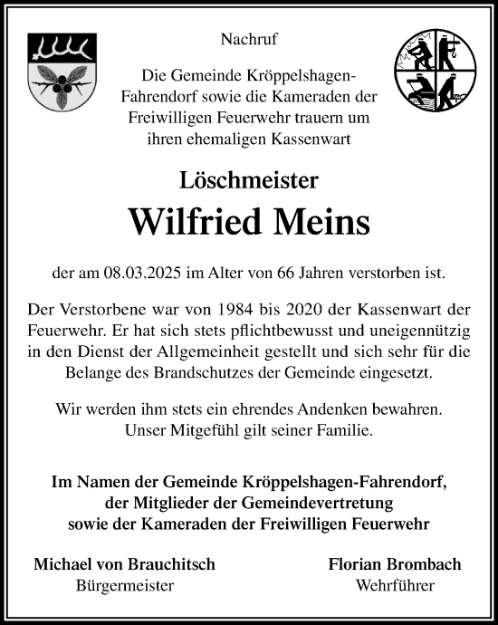 Traueranzeige von Wilfried Meins von Wochenend Anzeiger