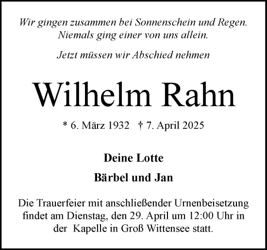Traueranzeige von Wilhelm Rahn von Eckernförder Zeitung, Hallo Eckernförde