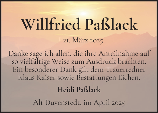 Traueranzeige von Willfried Paßlack von Schleswig-Holsteinische Landeszeitung