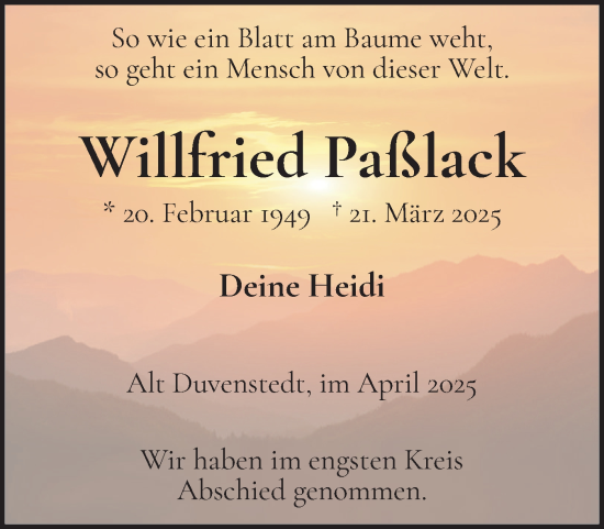 Traueranzeige von Willfried Paßlack von Schleswig-Holsteinische Landeszeitung