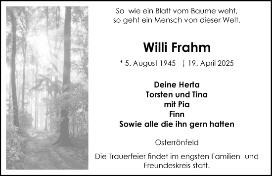 Traueranzeige von Willi Frahm von Schleswig-Holsteinische Landeszeitung