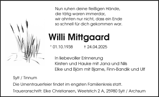 Traueranzeige von Willi Mittgaard von Sylter Rundschau