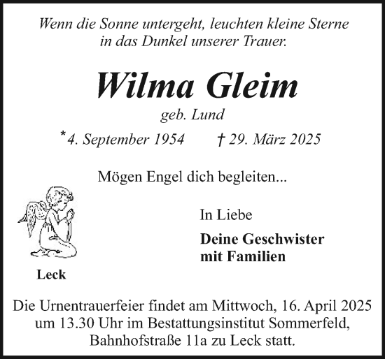 Traueranzeige von Wilma Gleim von Die WochenSchau Gesamtausgabe