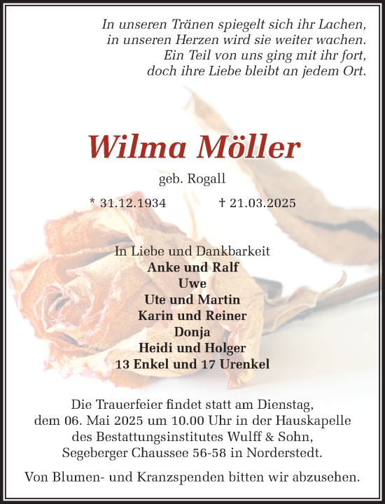 Traueranzeige von Wilma Möller von Heimatspiegel