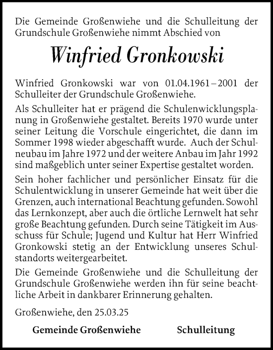 Traueranzeige von Winfried Gronkowski von Flensburger Tageblatt