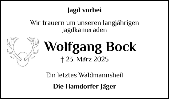 Traueranzeige von Wolfgang Bock von Schleswig-Holsteinische Landeszeitung