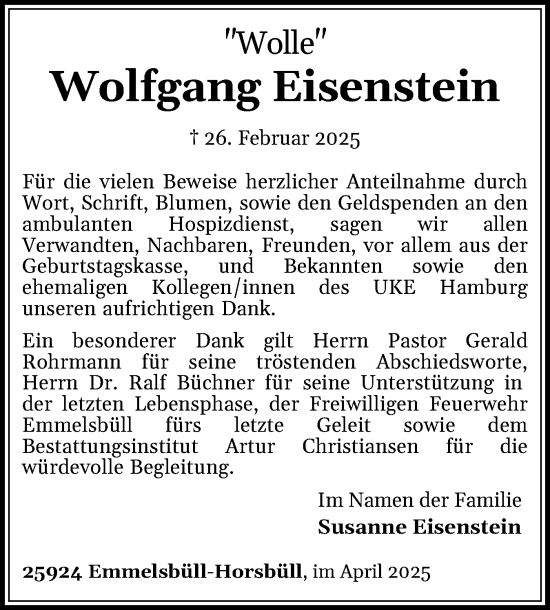 Traueranzeige von Wolfgang Eisenstein von Husumer Nachrichten, Nordfriesland Tageblatt