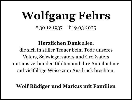 Traueranzeige von Wolfgang Fehrs von Holsteinischer Courier