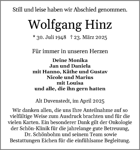Traueranzeige von Wolfgang Hinz von Schleswig-Holsteinische Landeszeitung