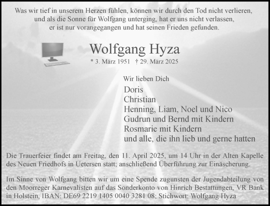 Traueranzeige von Wolfgang Hyza von Uetersener Nachrichten, Der tip am Wochenende
