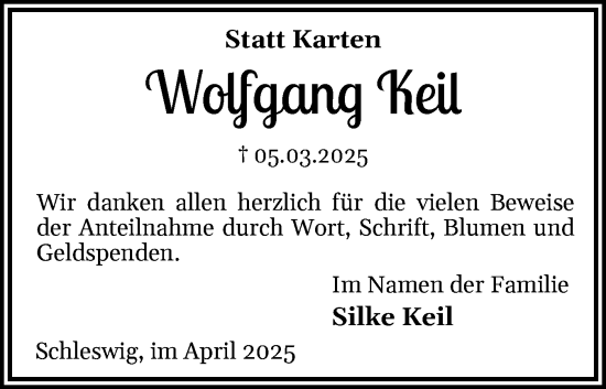 Traueranzeige von Wolfgang Keil von Schleswiger Nachrichten, Schlei-Bote