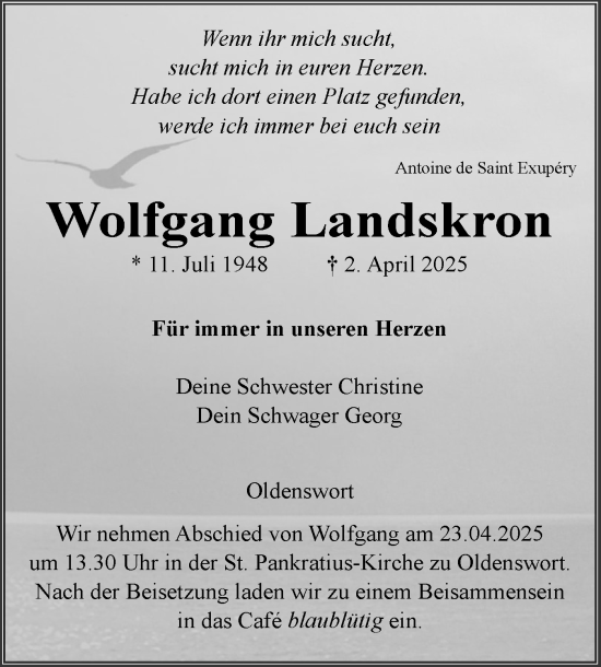 Traueranzeige von Wolfgang Landskron von Husumer Nachrichten, Nordfriesland Tageblatt