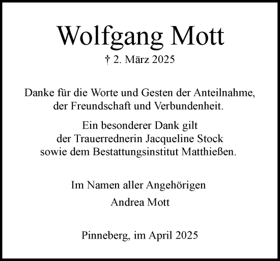 Traueranzeige von Wolfgang Mott von Region Pinneberg und tip Pinneberg