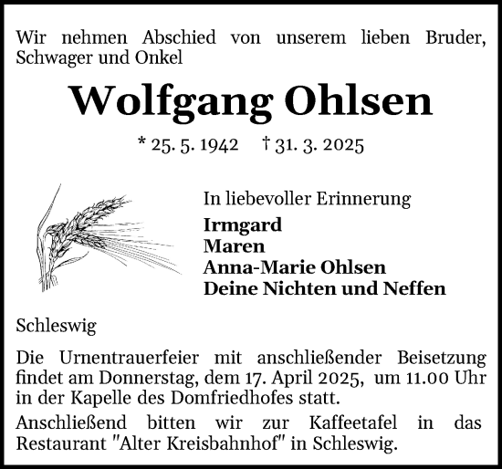 Traueranzeige von Wolfgang Ohlsen von Schleswiger Nachrichten, Schlei-Bote