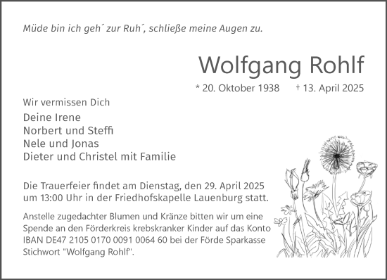 Traueranzeige von Wolfgang Rohlf von Wochenend Anzeiger