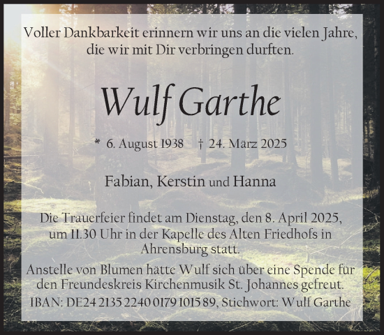 Traueranzeige von Wulf Garthe von MARKT Ahrensburg/Bargteheide/Trittau und Stormarner Tageblatt
