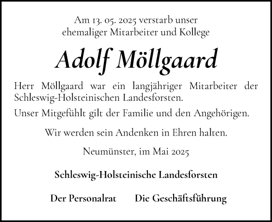 Traueranzeige von Adolf Möllgaard von Husumer Nachrichten, Nordfriesland Tageblatt