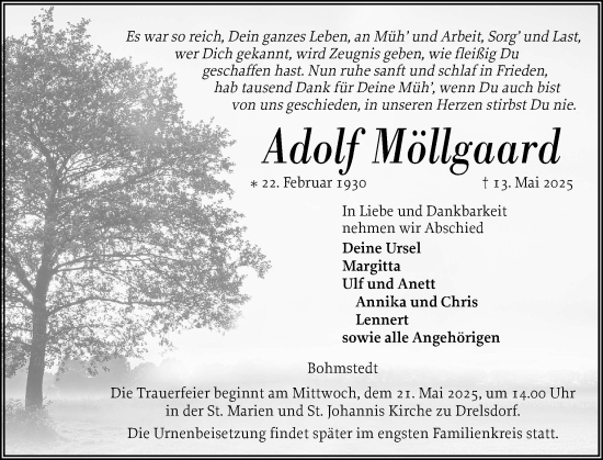 Traueranzeige von Adolf Möllgaard von Husumer Nachrichten, Nordfriesland Tageblatt