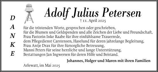Traueranzeige von Adolf Julius Petersen von Husumer Nachrichten, Nordfriesland Tageblatt