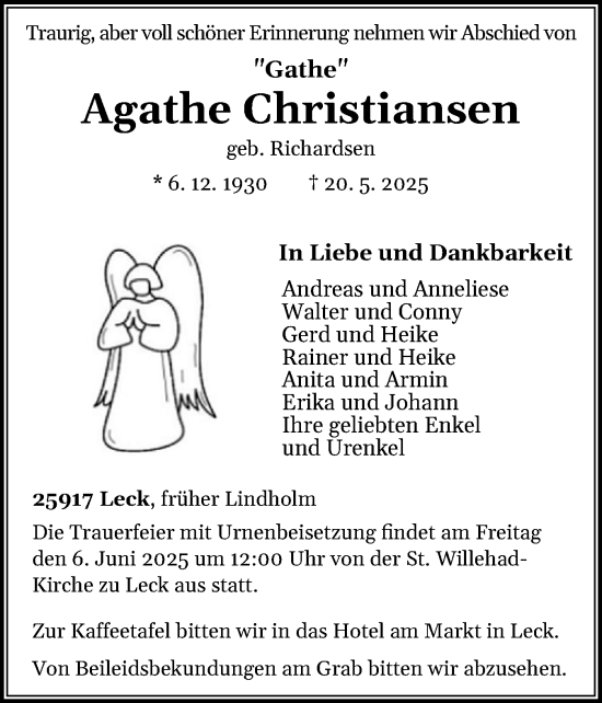 Traueranzeige von Agathe Christiansen von Husumer Nachrichten, Nordfriesland Tageblatt
