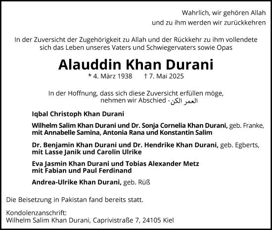 Traueranzeige von Alauddin Khan Durani von Schleswiger Nachrichten, Schlei-Bote