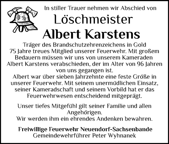 Traueranzeige von Albert Karstens von Norddeutsche Rundschau, Wilstersche Zeitung, Glückstädter Fortuna