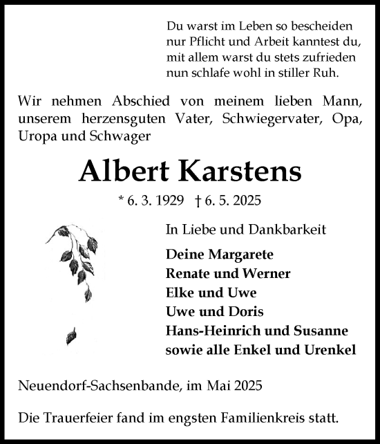 Traueranzeige von Albert Karstens von Norddeutsche Rundschau, Wilstersche Zeitung, Glückstädter Fortuna