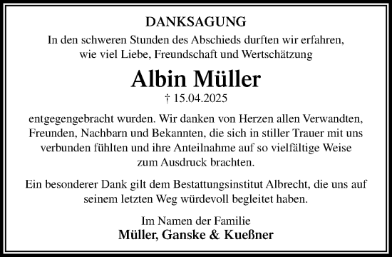 Traueranzeige von Albin Müller von MARKT Ratzeburg/Mölln