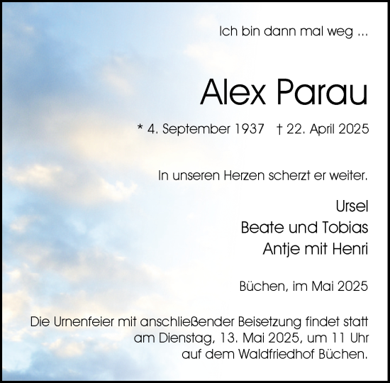 Traueranzeige von Alex Parau von Wochenend Anzeiger