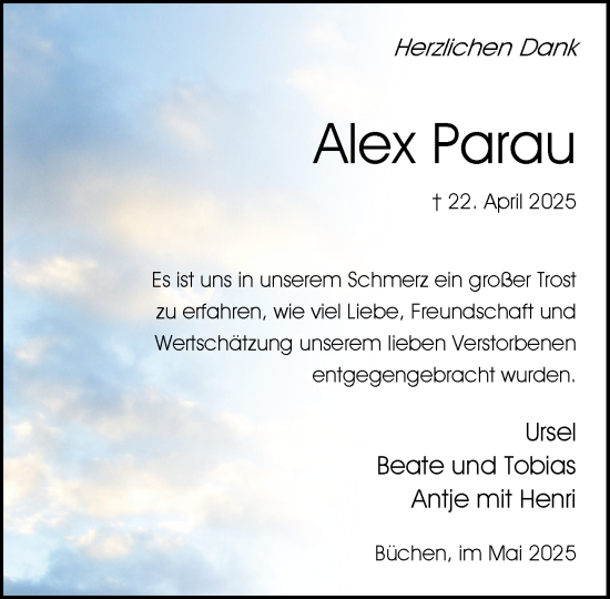 Traueranzeige von Alex Parau von Wochenend Anzeiger