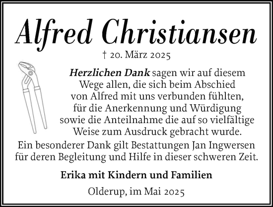 Traueranzeige von Alfred Christiansen von Husumer Nachrichten, Nordfriesland Tageblatt