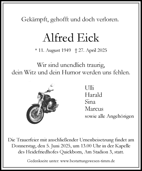 Traueranzeige von Alfred Eick von Umschau