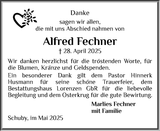 Traueranzeige von Alfred Fechner von Schleswiger Nachrichten, Schlei-Bote