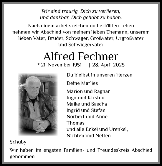 Traueranzeige von Alfred Fechner von Schleswiger Nachrichten, Schlei-Bote