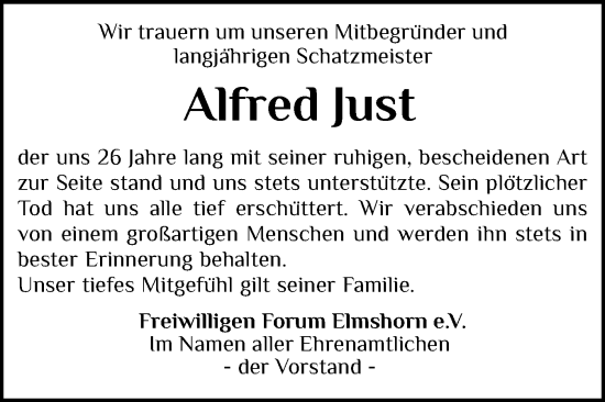 Traueranzeige von Alfred Just von Elmshorner Nachrichten, Barmstedter Zeitung