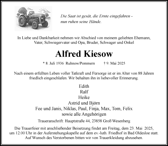 Traueranzeige von Alfred Kiesow von MARKT Bad Oldesloe/Reinfeld und Stormarner Tageblatt