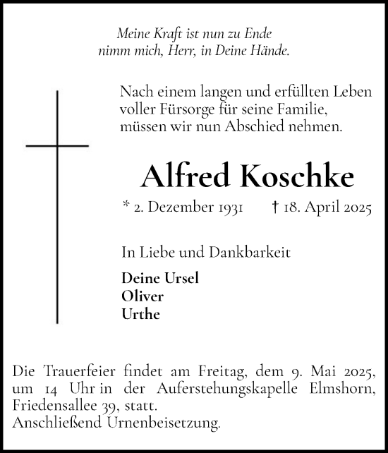 Traueranzeige von Alfred Koschke von Elmshorner Nachrichten, Barmstedter Zeitung